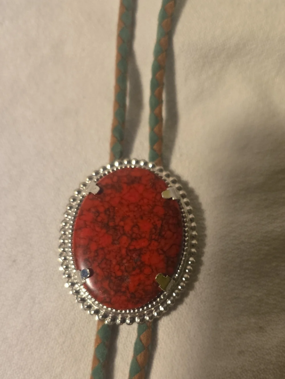 Red Stone And Leather Bolo Tie with Braided Green And Natural brown Leather cord